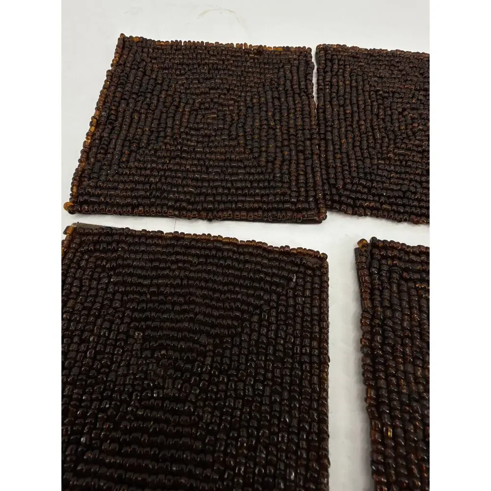 African Beaded Coasters Set of 6 Brown Amber Seed Bead Square Tribal Table Decor